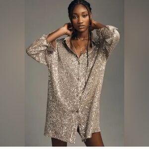 Anthropologie Flat White gold Sequin Top Tunic Duster mini Dress long sleeves XL
